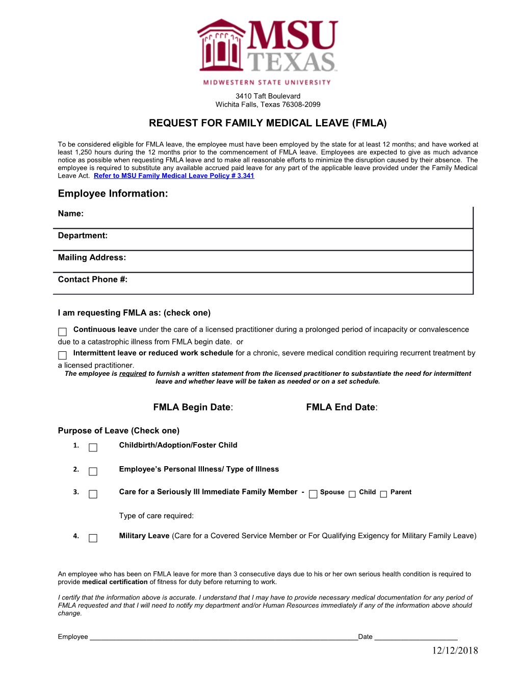 Request for Family Medical Leave (Fmla)