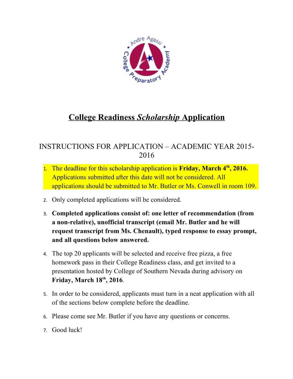 Instructions for Application Academic Year 2015-2016