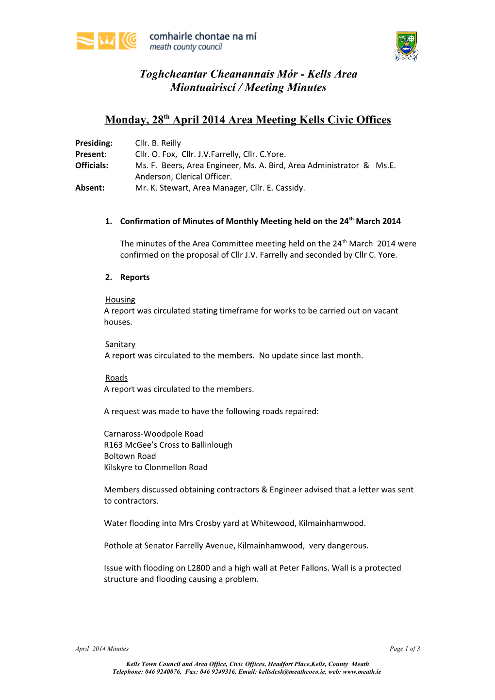 Monday, 28Th April 2014 Area Meeting Kells Civic Offices