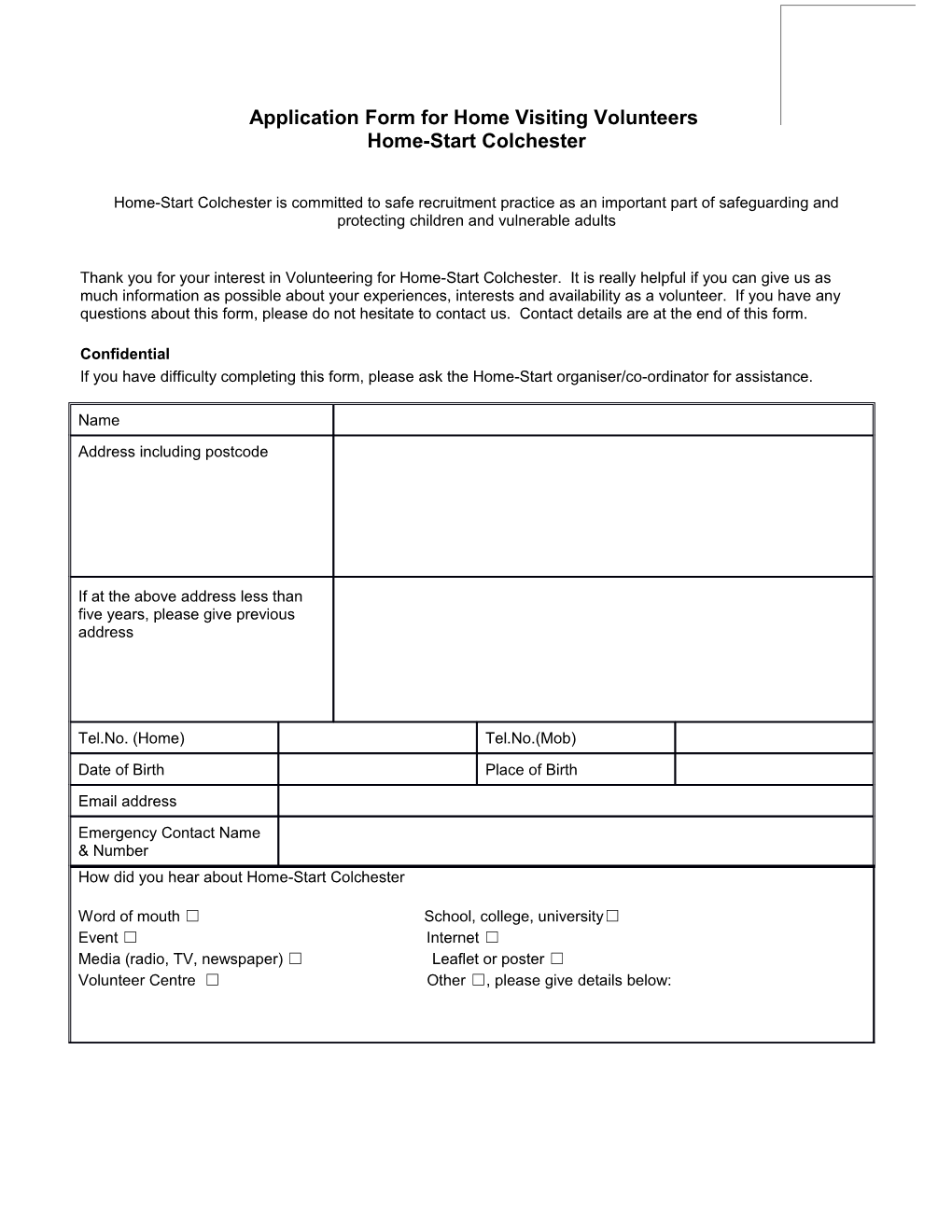 Application Form for Home Visitingvolunteers