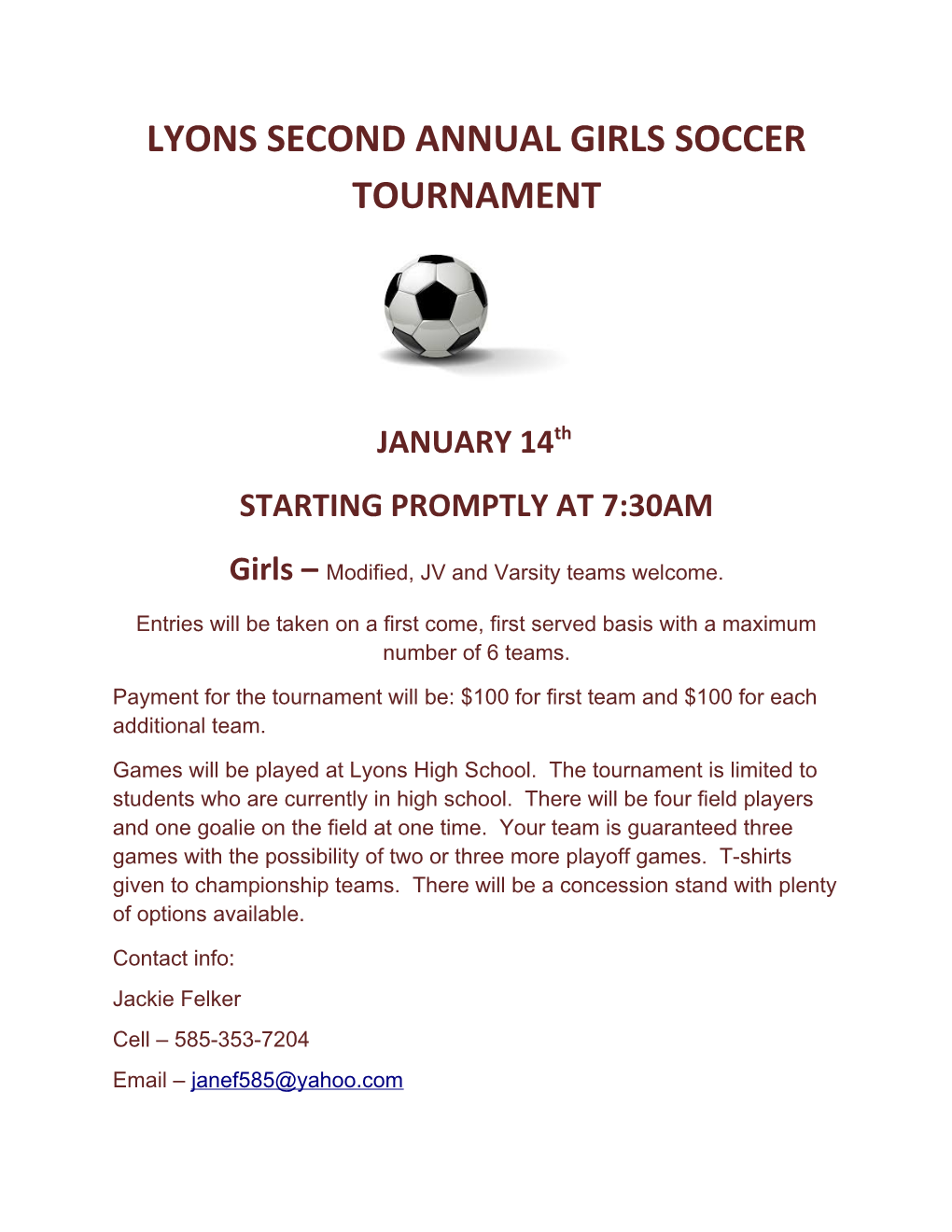 Lyons Second Annual Girls Soccer Tournament