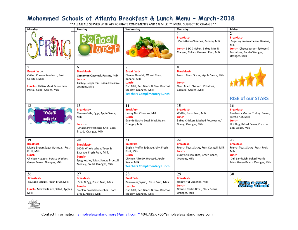 Mohammed Schools of Atlanta Breakfast & Lunch Menu March-2018