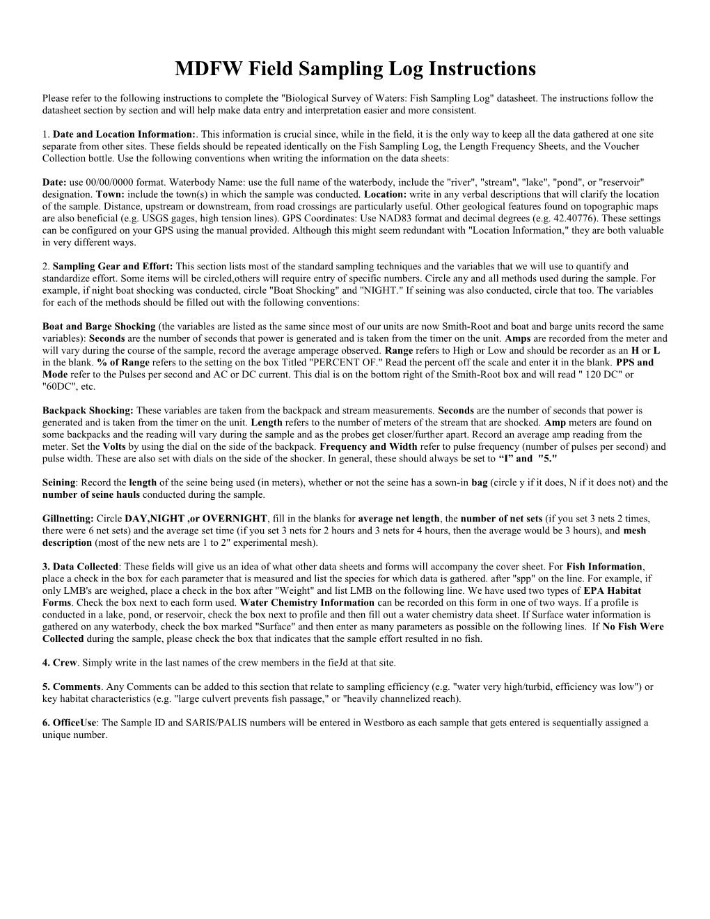 MDFW Fish Sampling Log Instructions