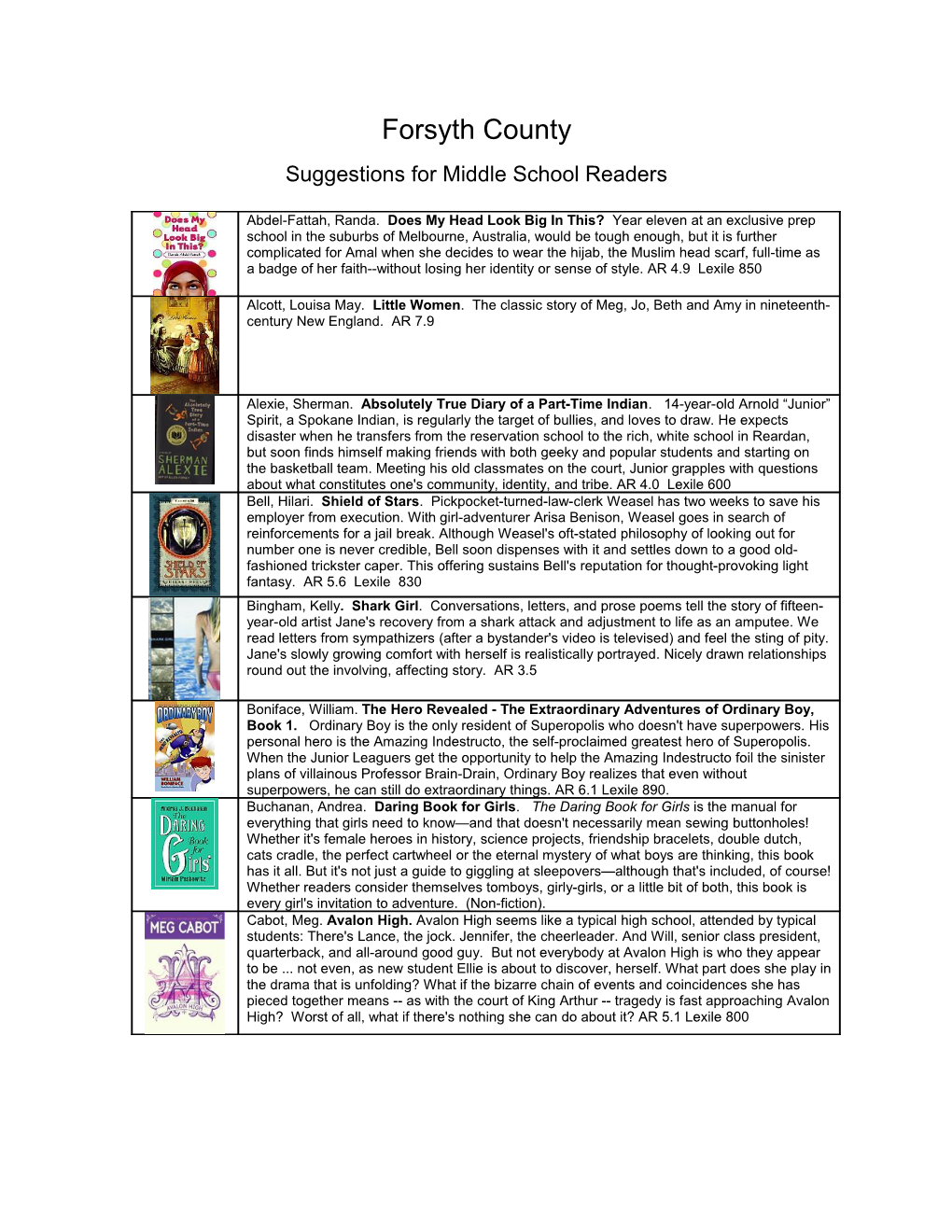 Suggestions for Middle School Readers