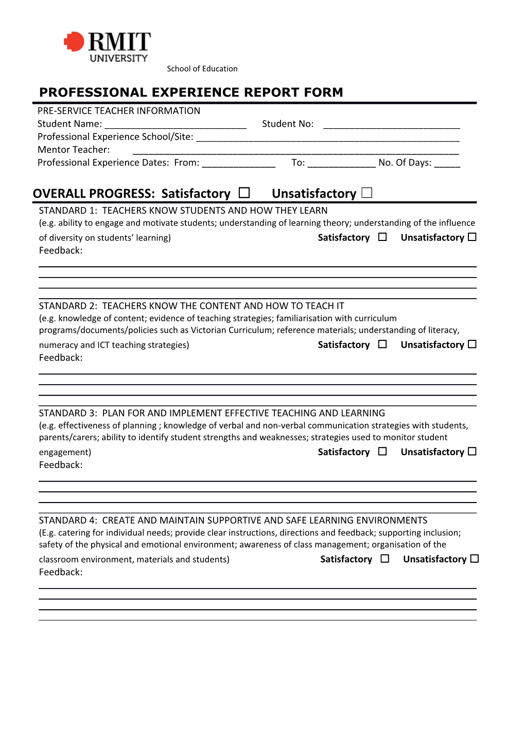 Professional Experience Report Form