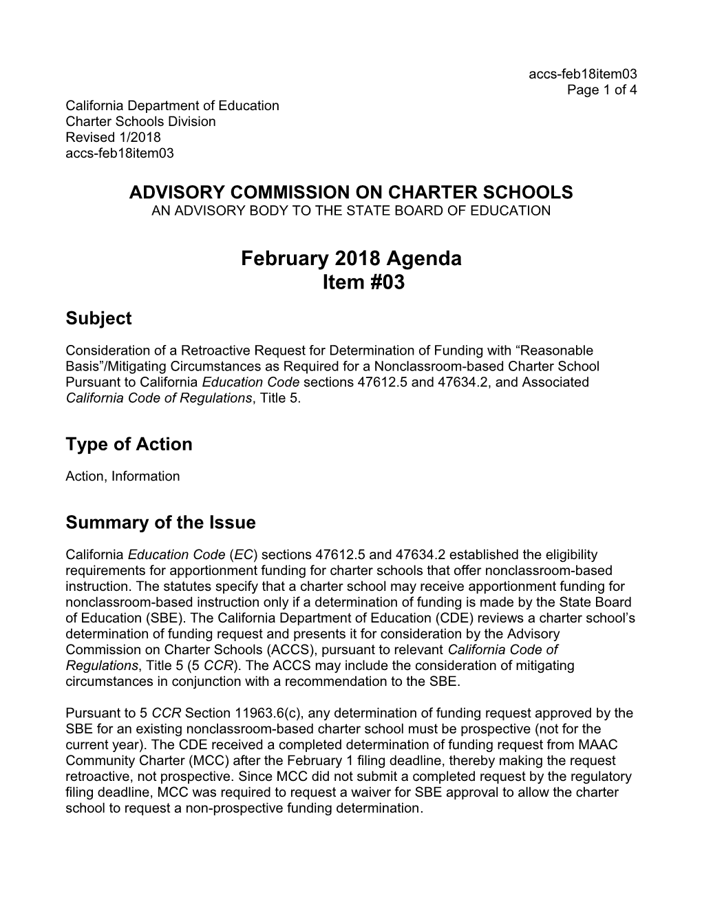 February 2018 ACCS Agenda Item 03 - Advisory Commission on Charter Schools (CA State Board