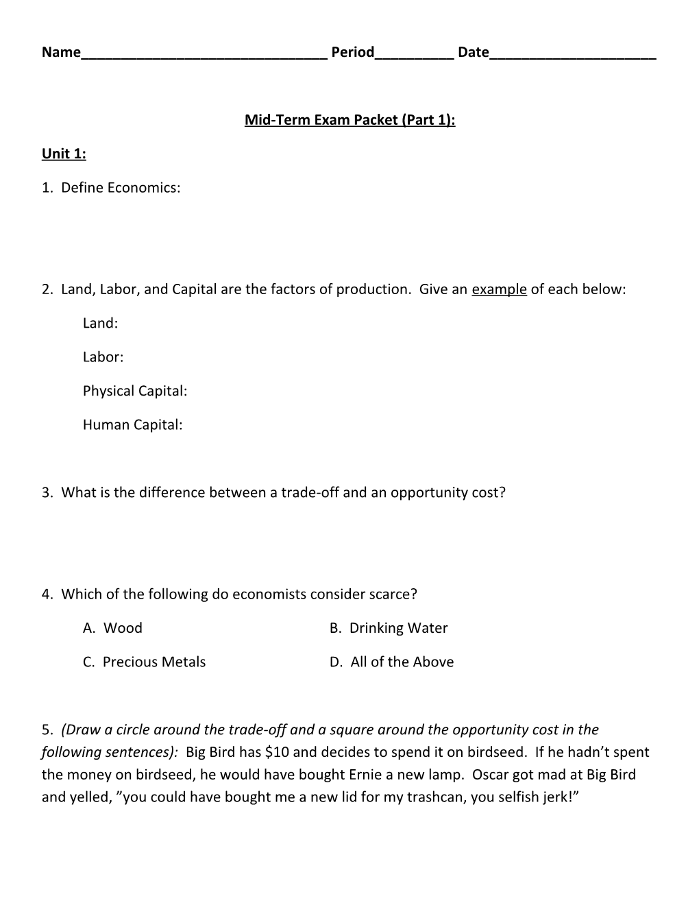 Mid-Term Exam Packet (Part 1)