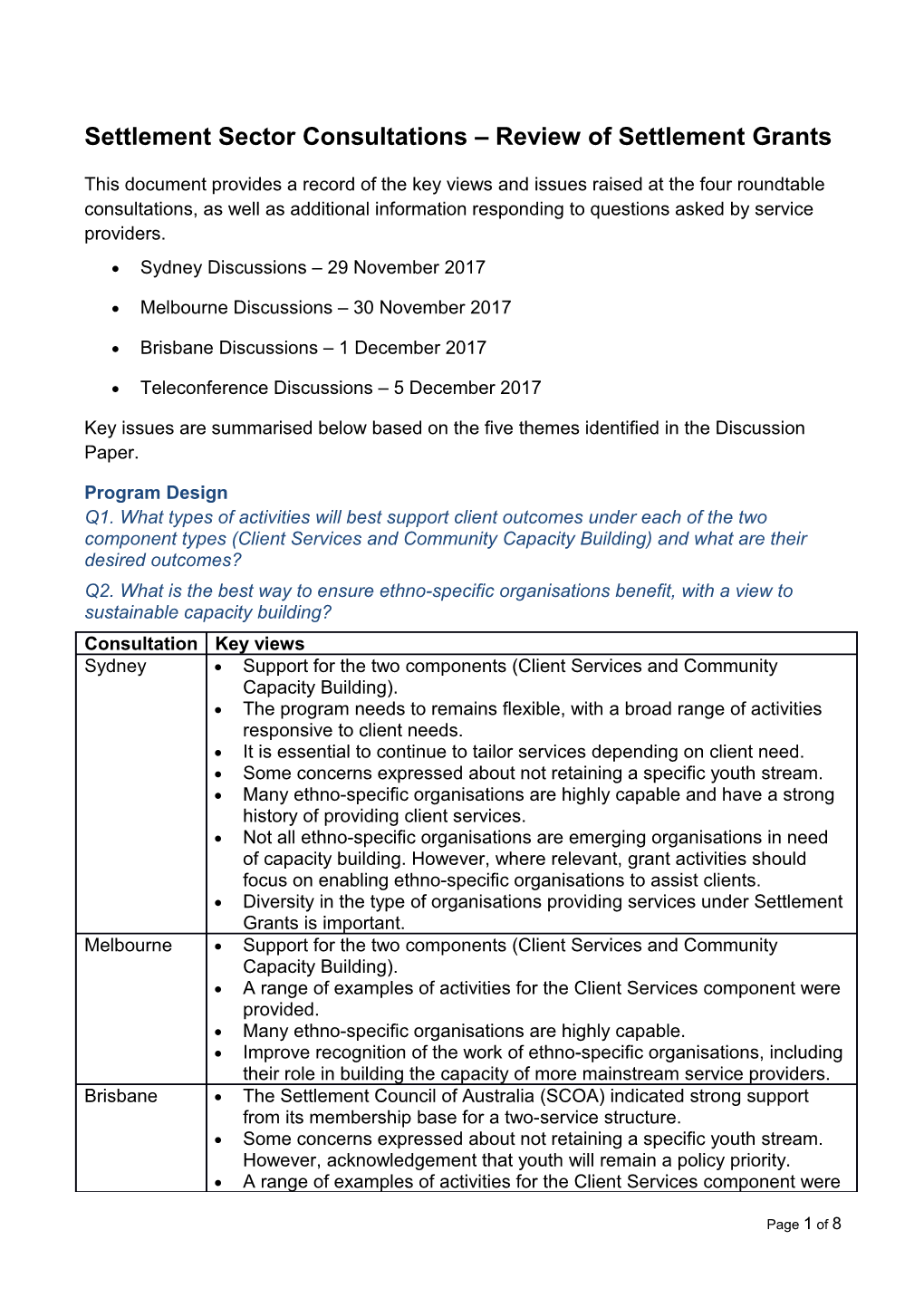 Settlement Sector Consultations Review of Settlement Grants