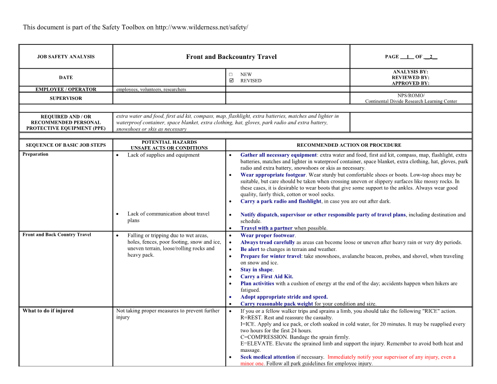 Job Hazard Analysis - Front and Backcountry Travel