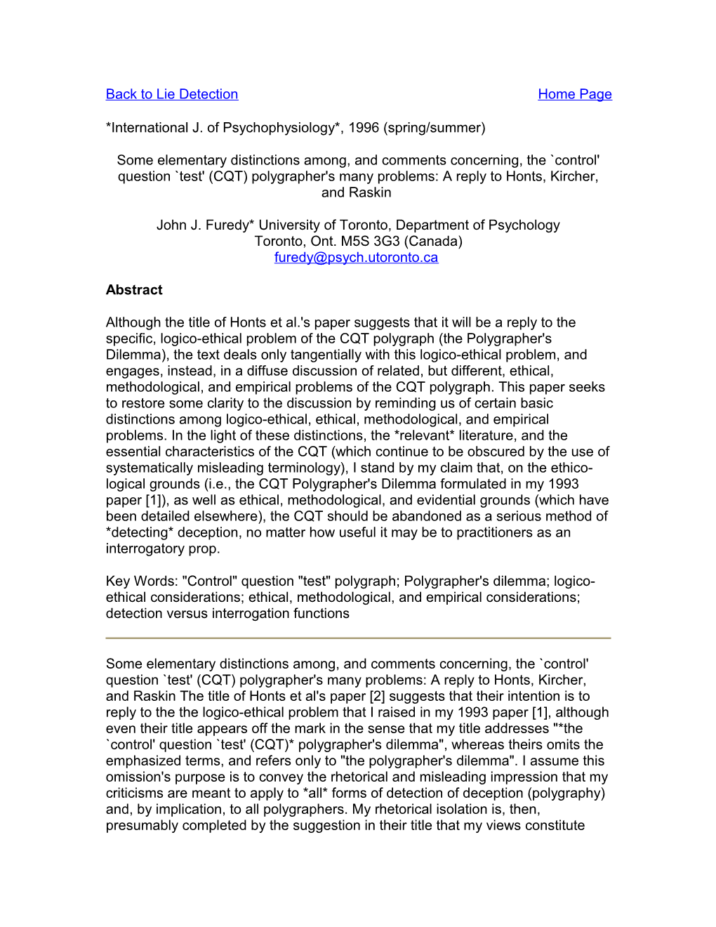 *International J. of Psychophysiology*, 1996 (Spring/Summer)