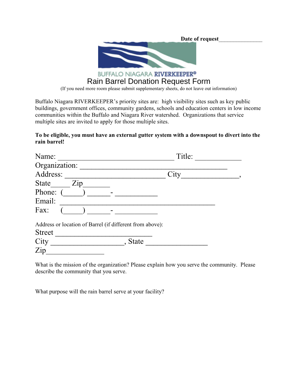 Rain Barrel Donation Request Form