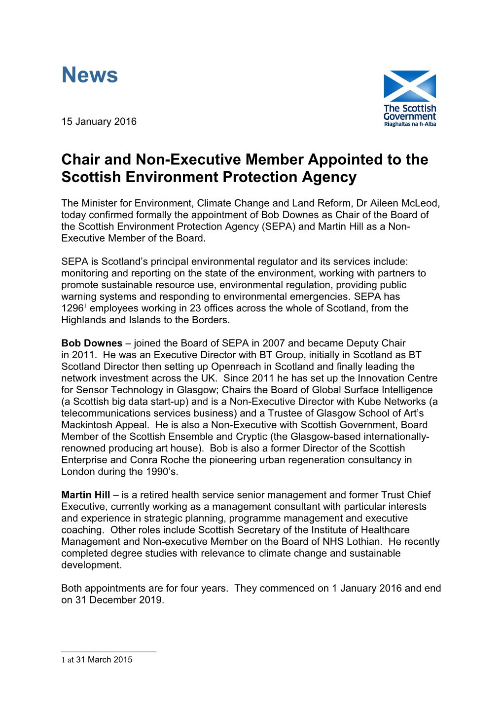 Chair and Non-Executive Member Appointed to the Scottish Environment Protection Agency