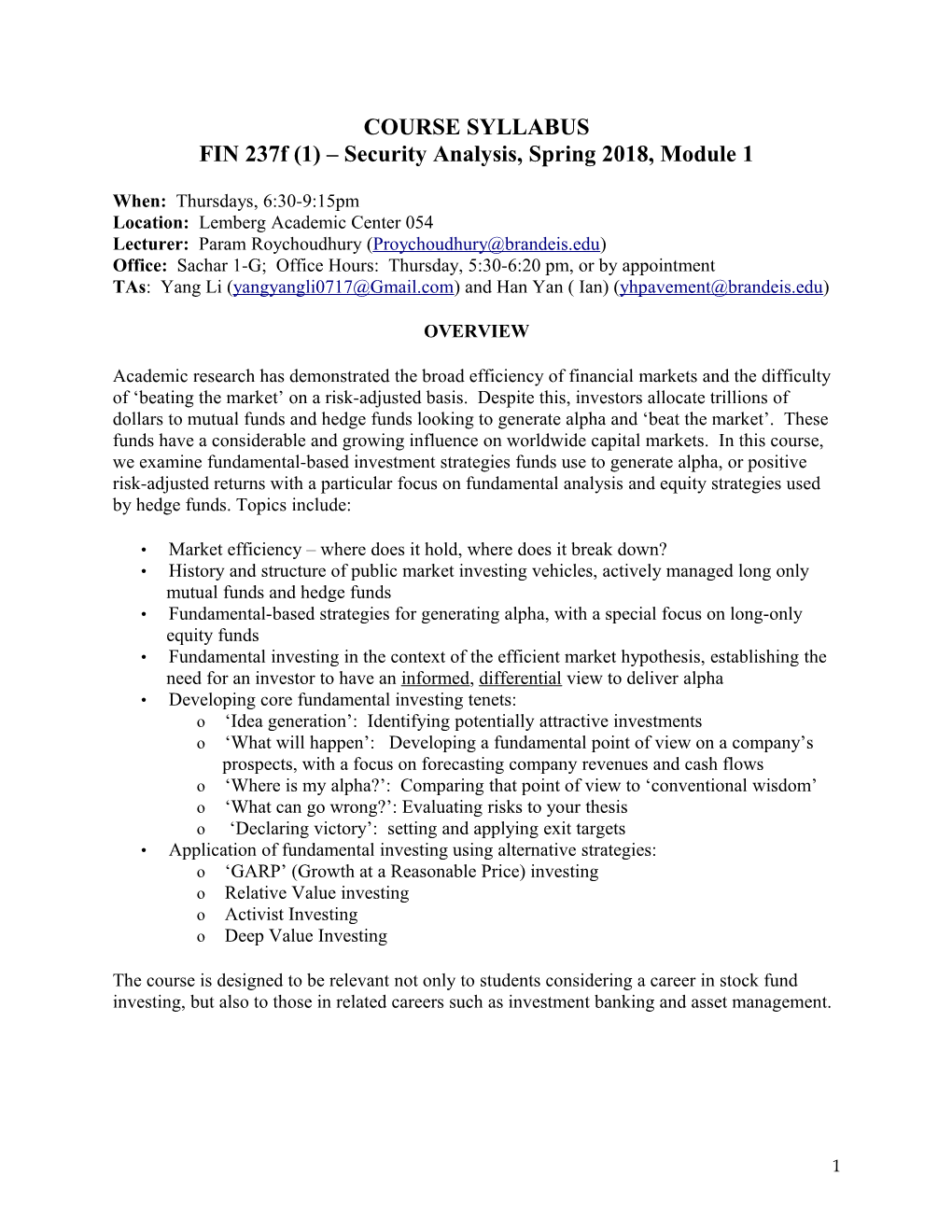 FIN 237F (1) Security Analysis, Spring 2018, Module 1