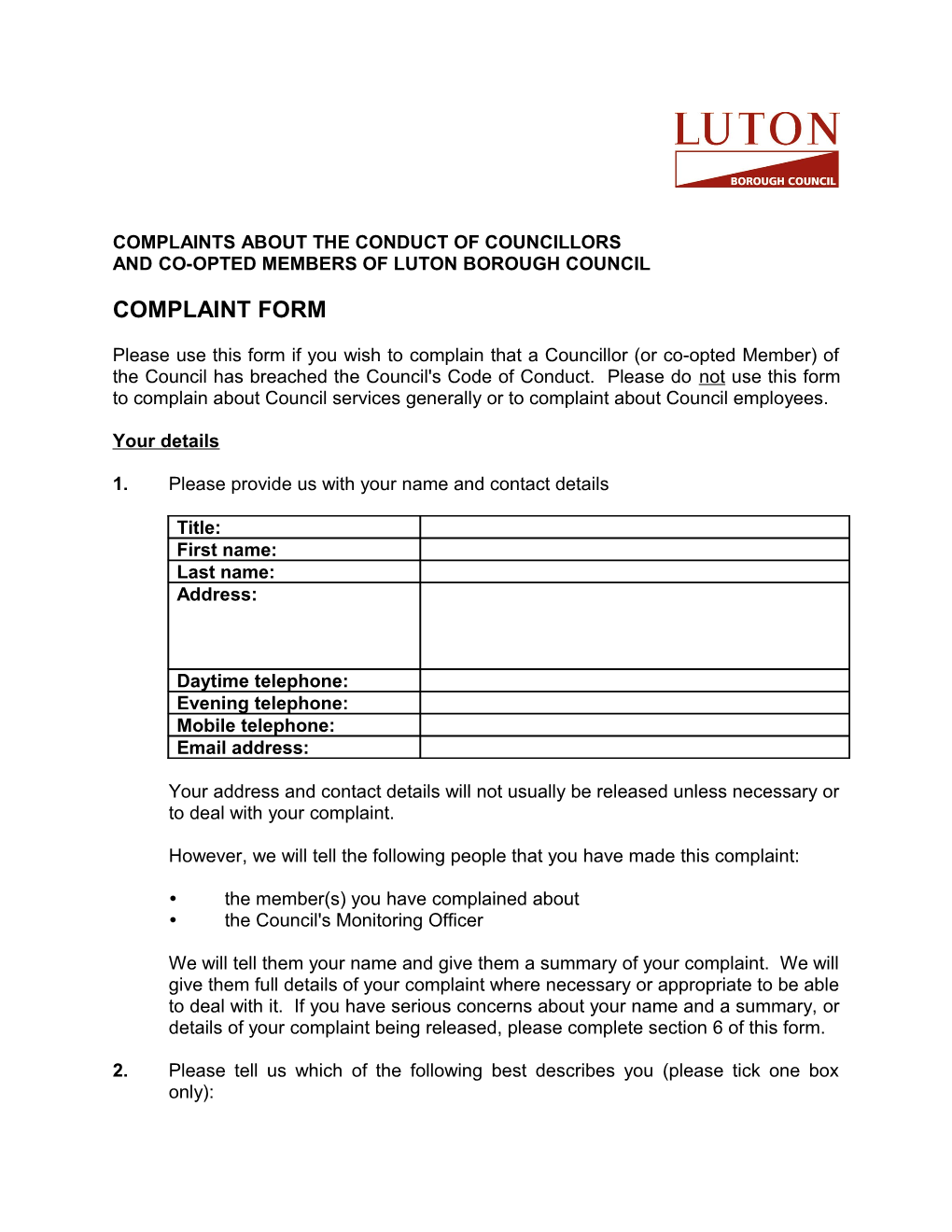 Complaints Form - Complaints Against Councillors