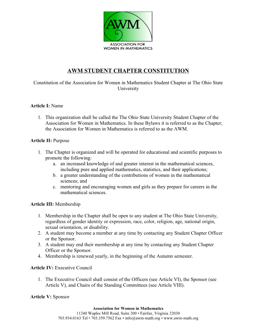 AWM STUDENT CHAPTER CONSTITUTION Constitution of the Association for Women in Mathematics
