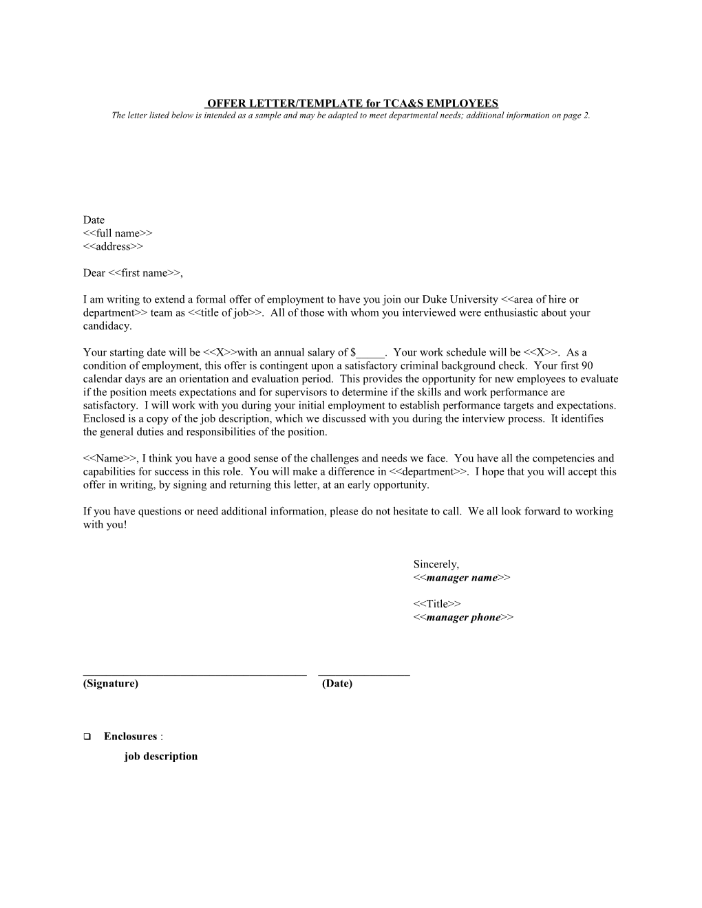 OFFER LETTER/TEMPLATE for TCA&S EMPLOYEES