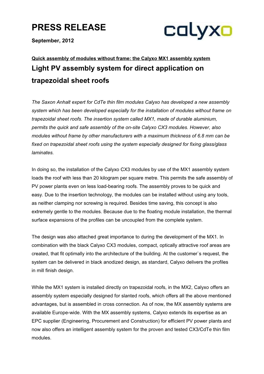 Light PV Assembly System for Direct Application on Trapezoidal Sheet Roofs