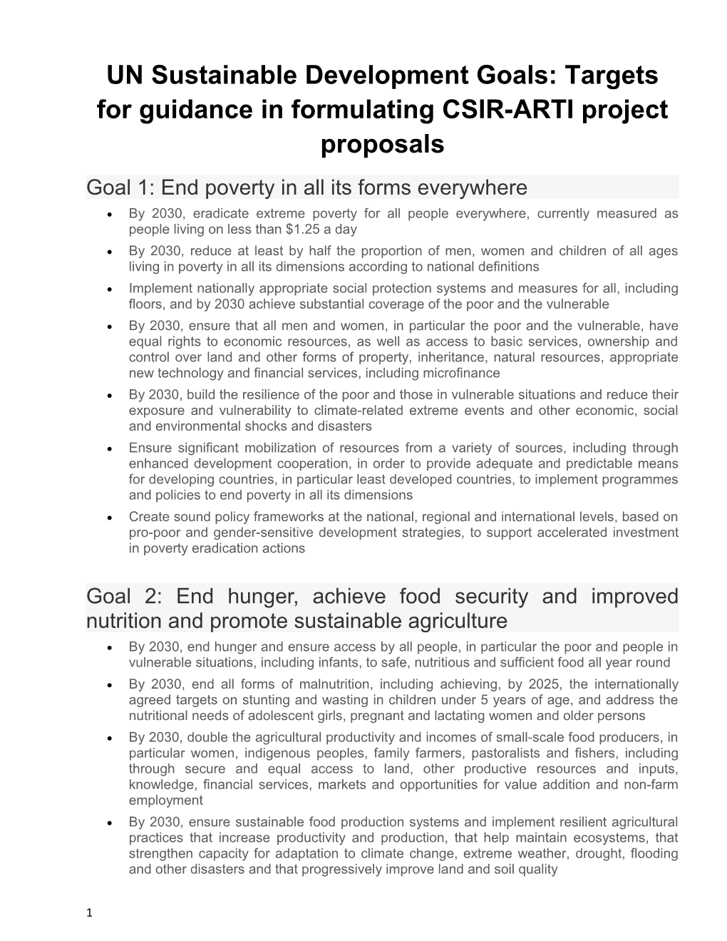 UN Sustainable Development Goals: Targets for Guidance in Formulating CSIR-ARTI Project