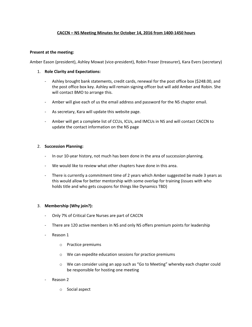 CACCN NS Meeting Minutes for October 14, 2016 from 1400-1450 Hours