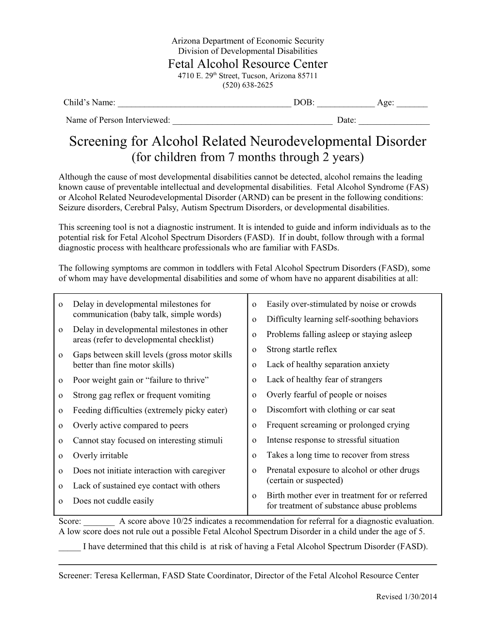 Screening for Effects of Prenatal Alcohol Exposure with DDD Pre-PAS Screening Tool