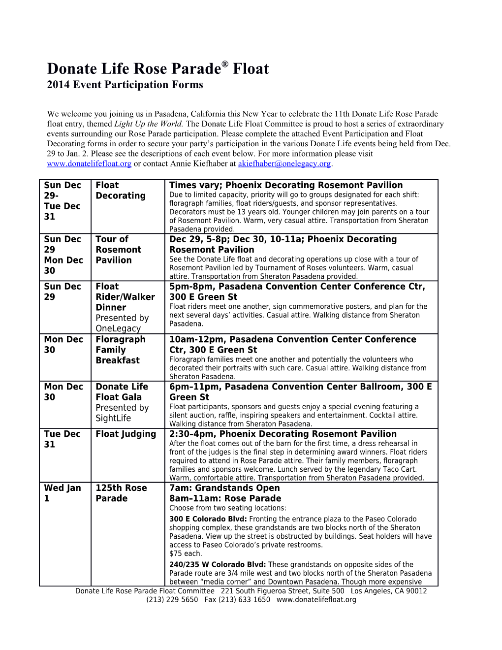2014 Event Participation Form Special Events