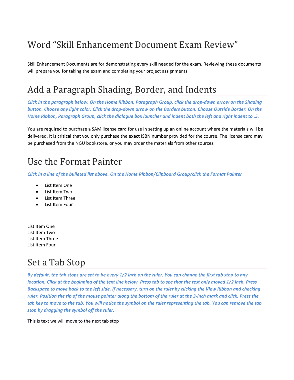 Word Skill Enhancement Document Exam Review
