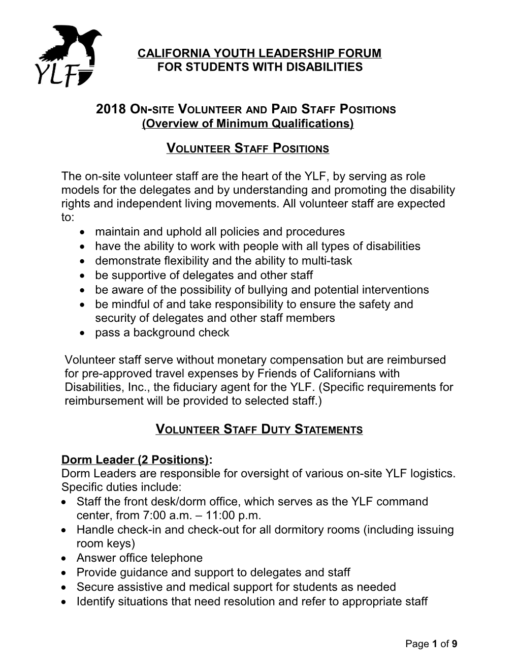 2018On-Site Volunteer and Paid Staff Positions