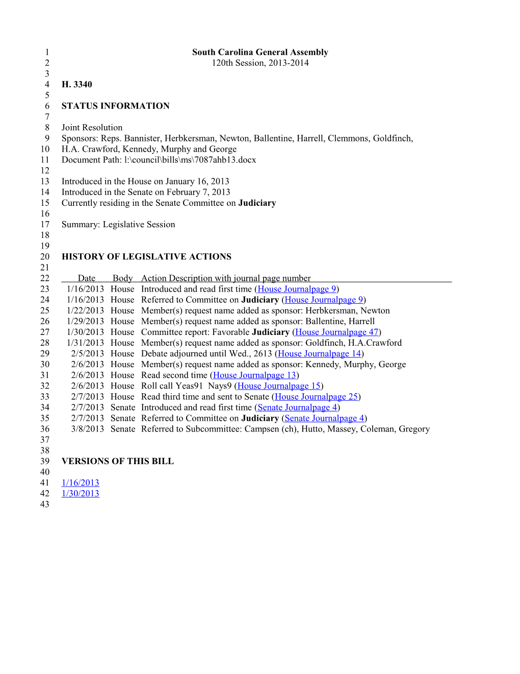 2013-2014 Bill 3340: Legislative Session - South Carolina Legislature Online