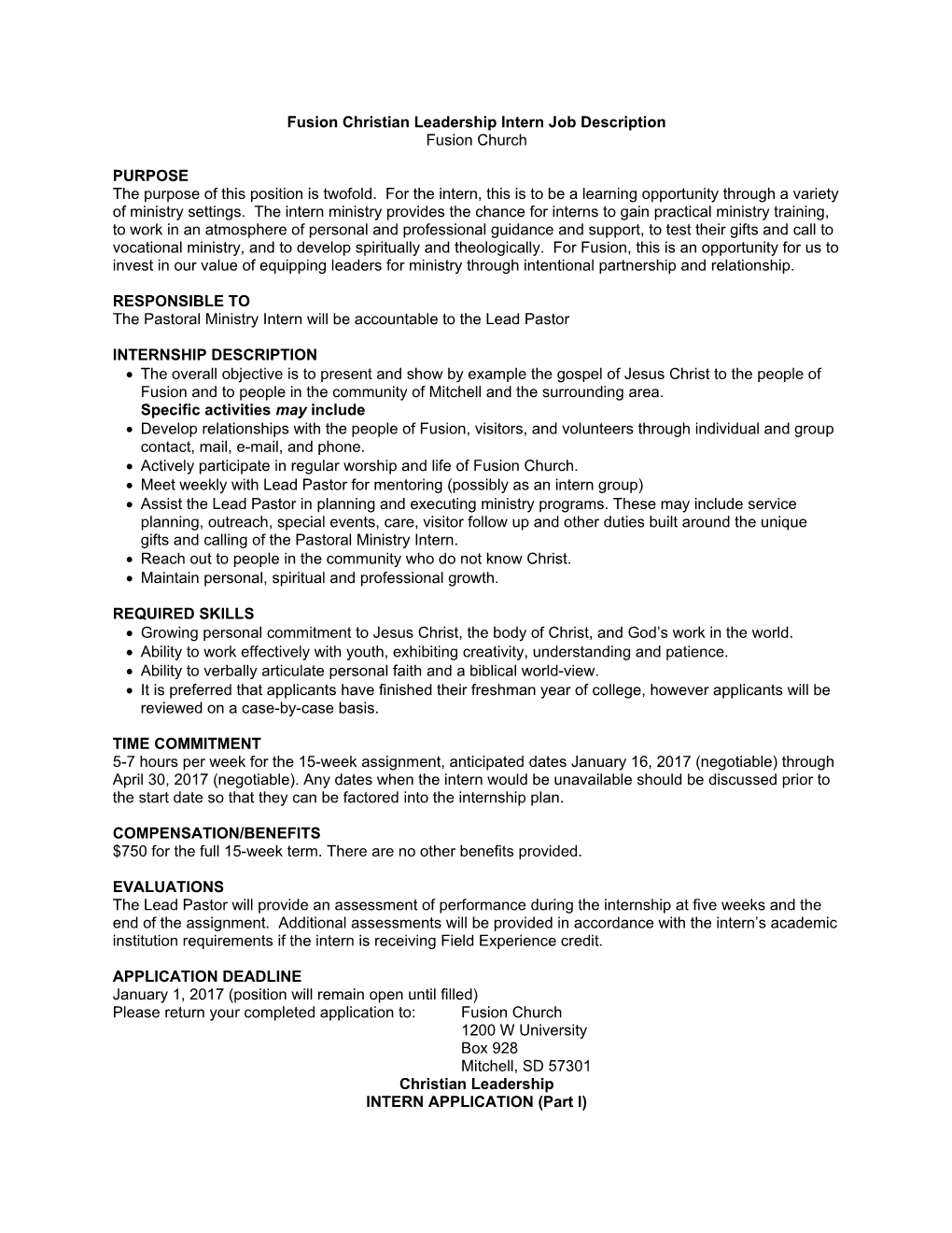 Youth and General Ministry Intern Job Description