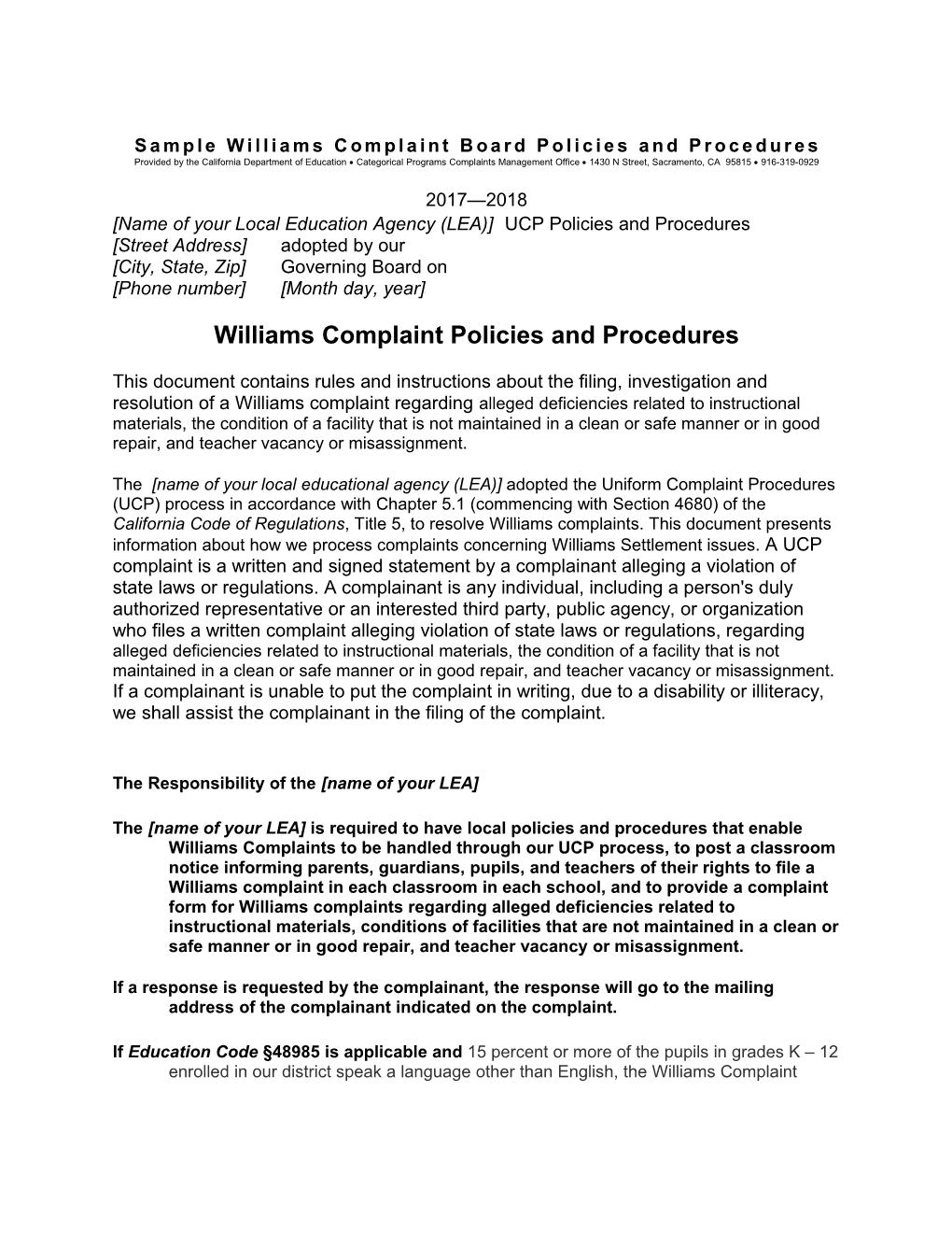 Sample Wlms Cmplnt Pol and Pro - Uniform Complaint Procedures (CA Dept of Education)