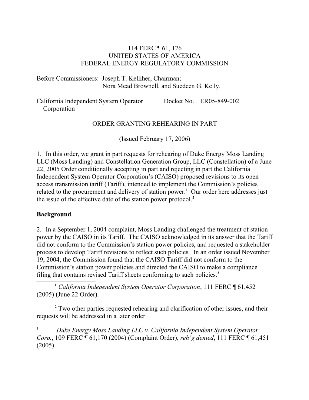 February 17, 2006 FERC Order Granting Rehearing in Part in Docket No. ER05-849-002
