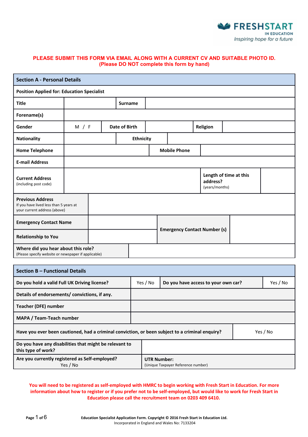 Fresh Start Education Specialist Contract Form