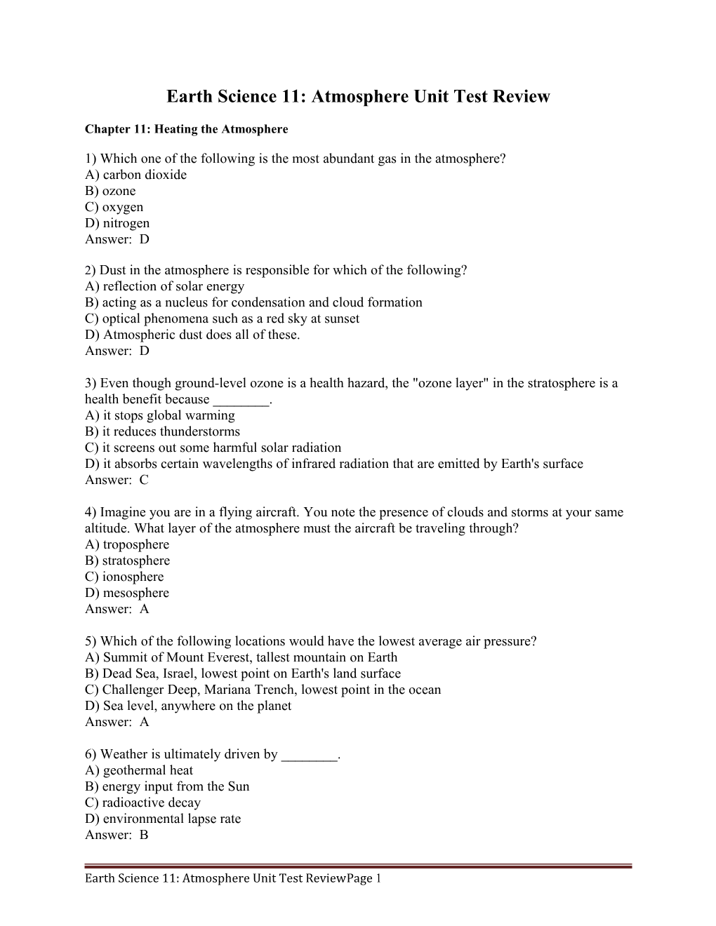 Earth Science 11: Atmosphere Unit Test Review