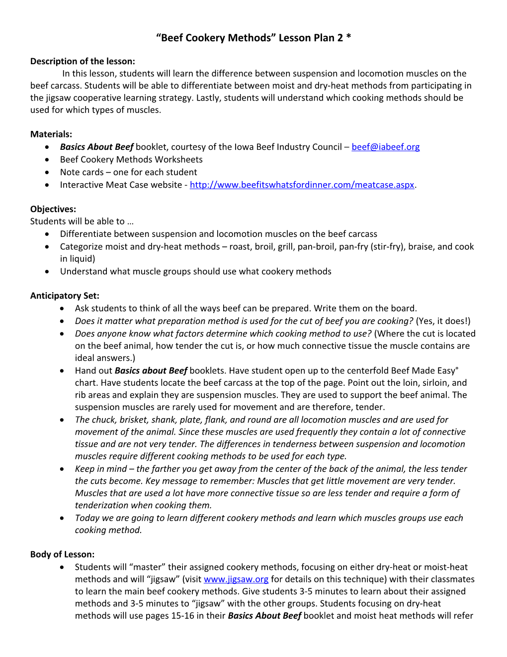 Beef Cookery Methods Lesson Plan 2 *