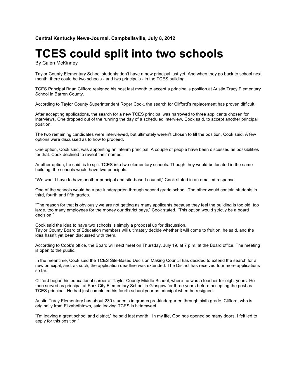 TCES Could Split Into Two Schools