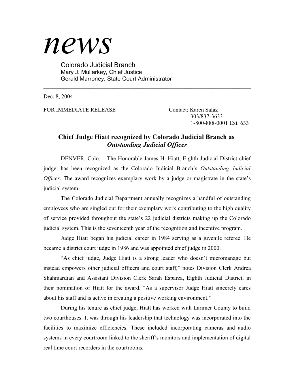 Chief Judge Hiatt Recognized by Colorado Judicial Branch As