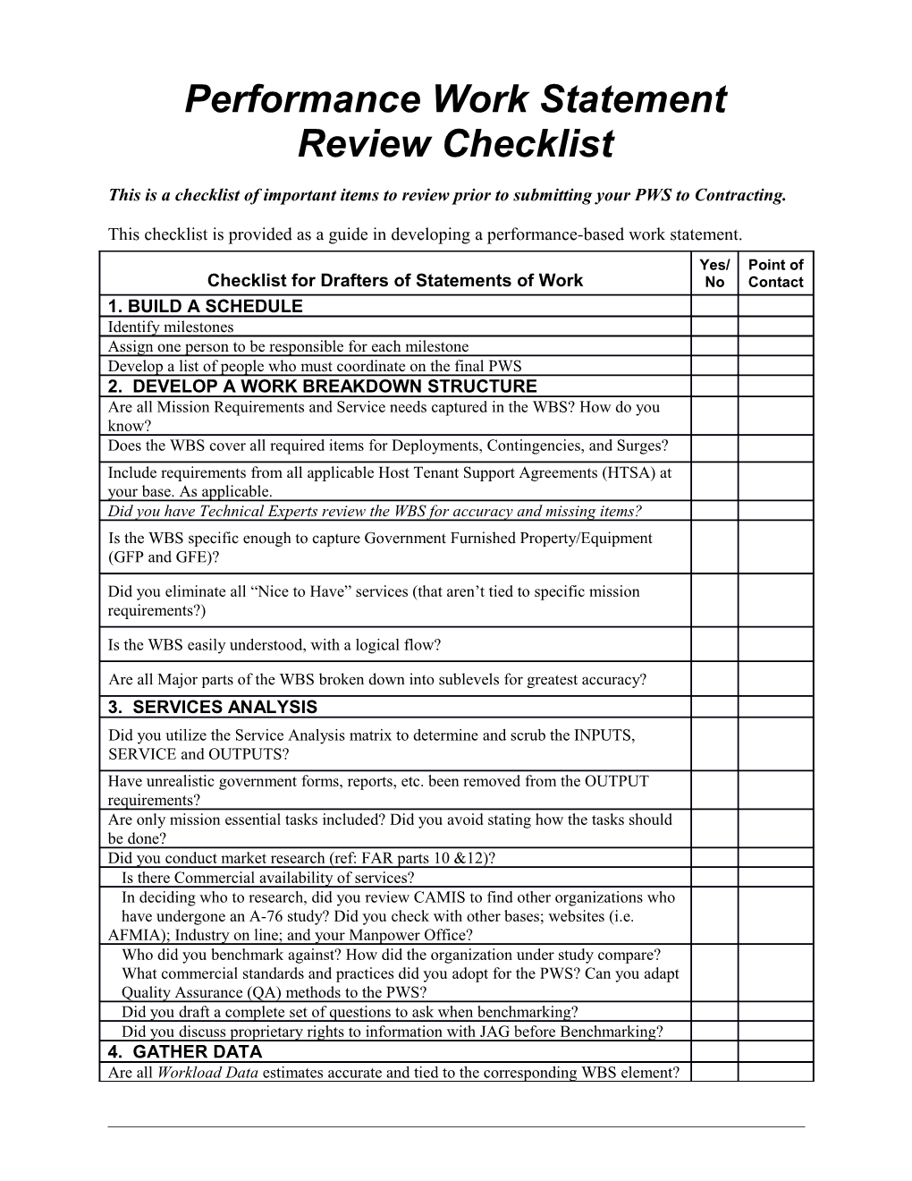 This Is a Checklist of Important Items to Review Prior to Submitting Your PWS to Contracting