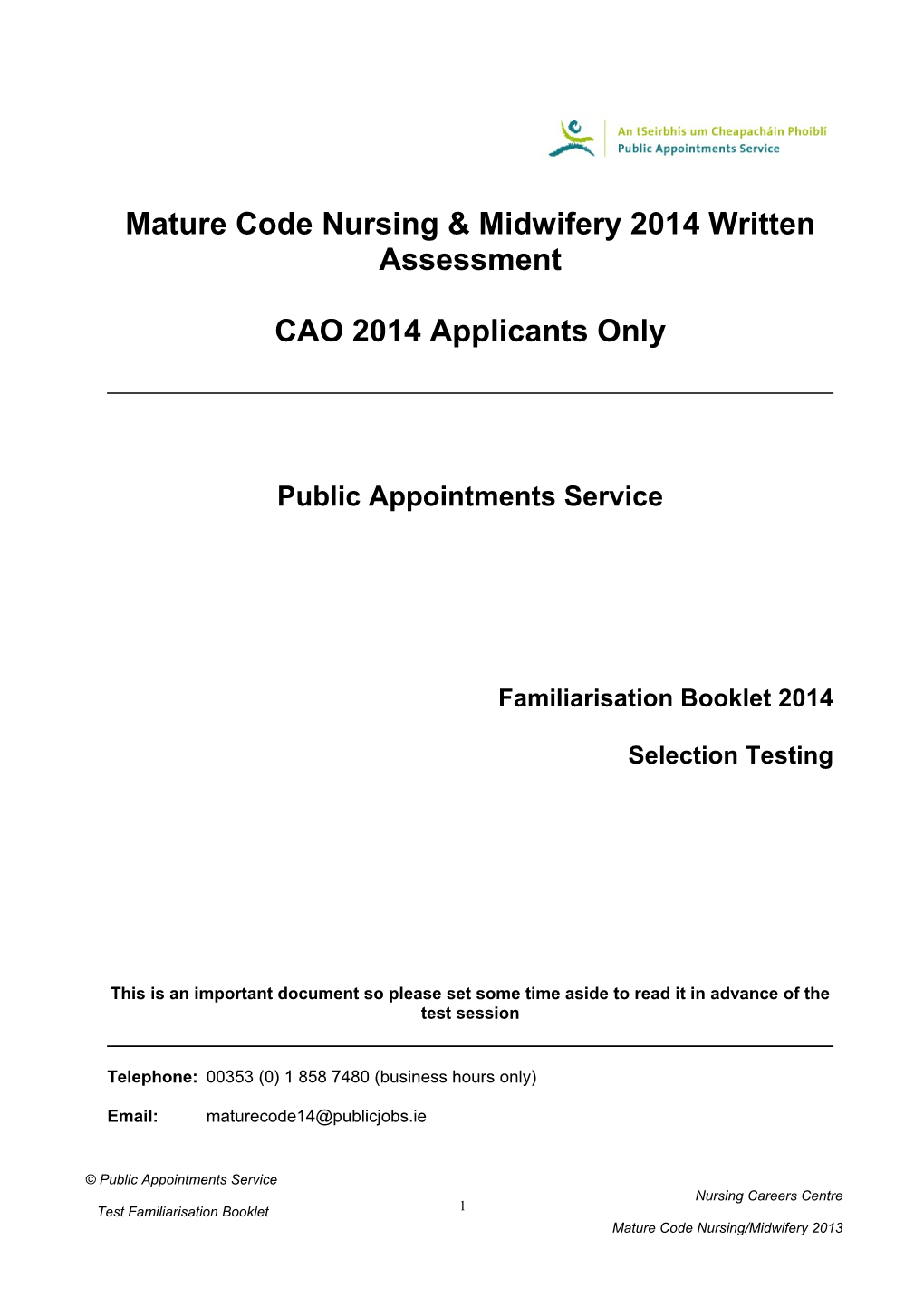 Mature Code Nursing & Midwifery 2014 Written Assessment