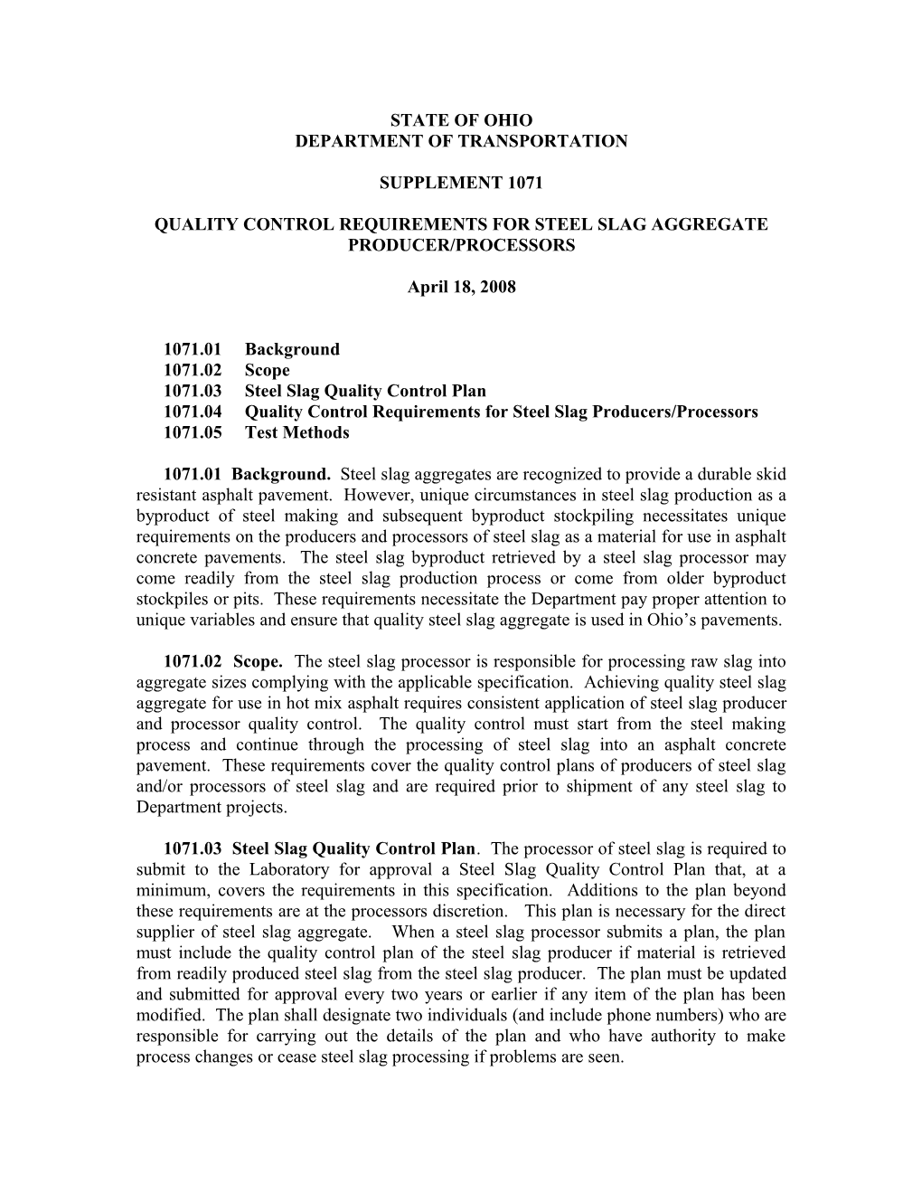 Quality Control Requirements for Steel Slag Aggregate Producer/Processors