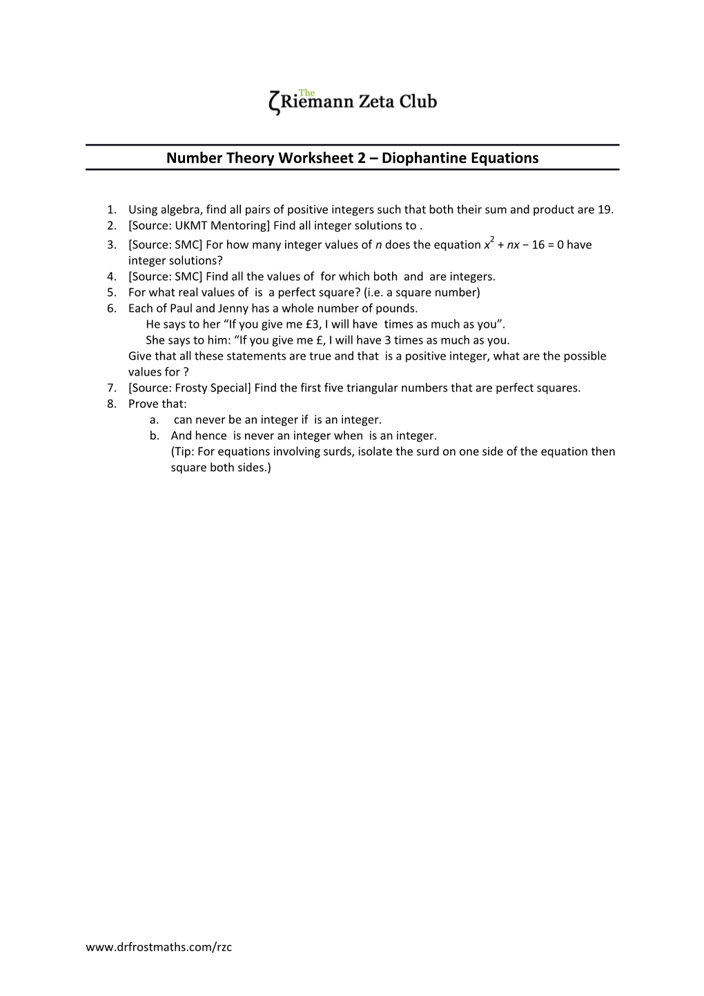 Number Theory Worksheet 2 Diophantine Equations