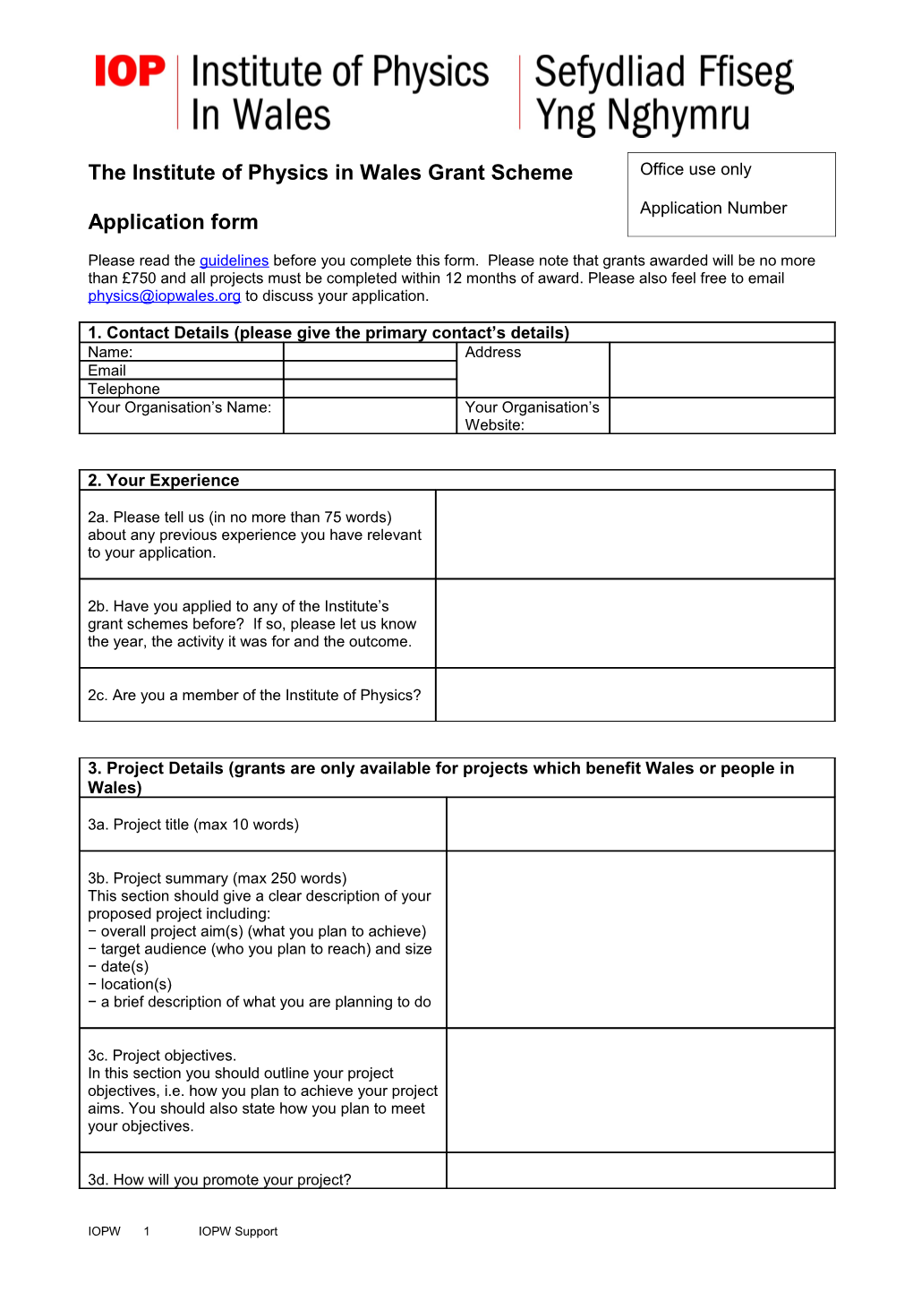 The Institute of Physics in Wales Grant Scheme