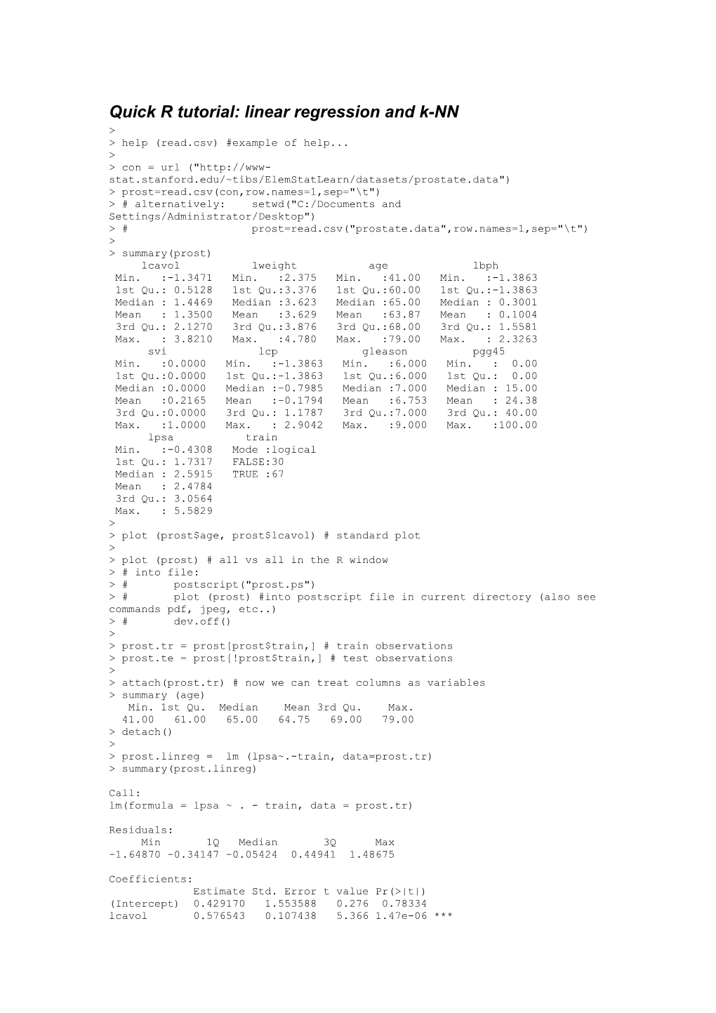 Quick R Tutorial: Linear Regression and K-NN