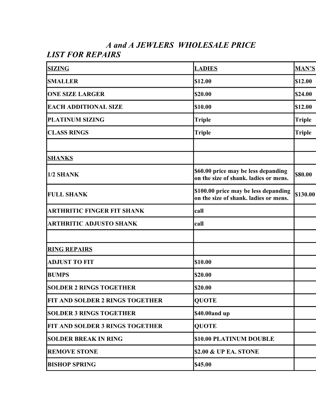 A and a JEWLERS WHOLESALE PRICE LIST for REPAIRS