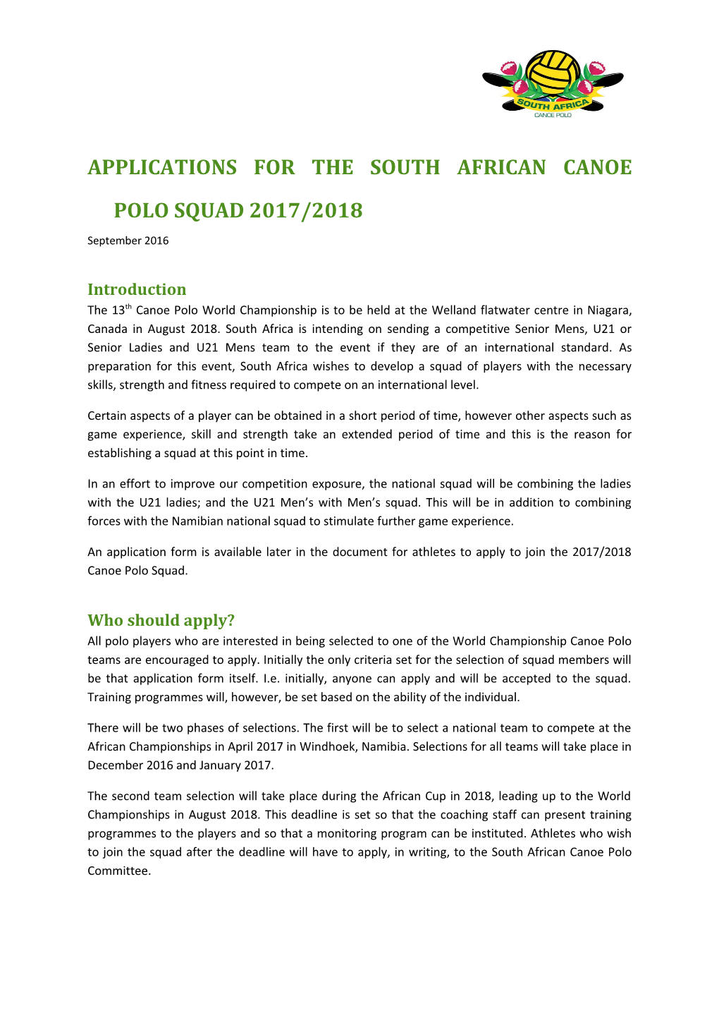 Applications for the South African Canoe Polo Squad 2017/2018