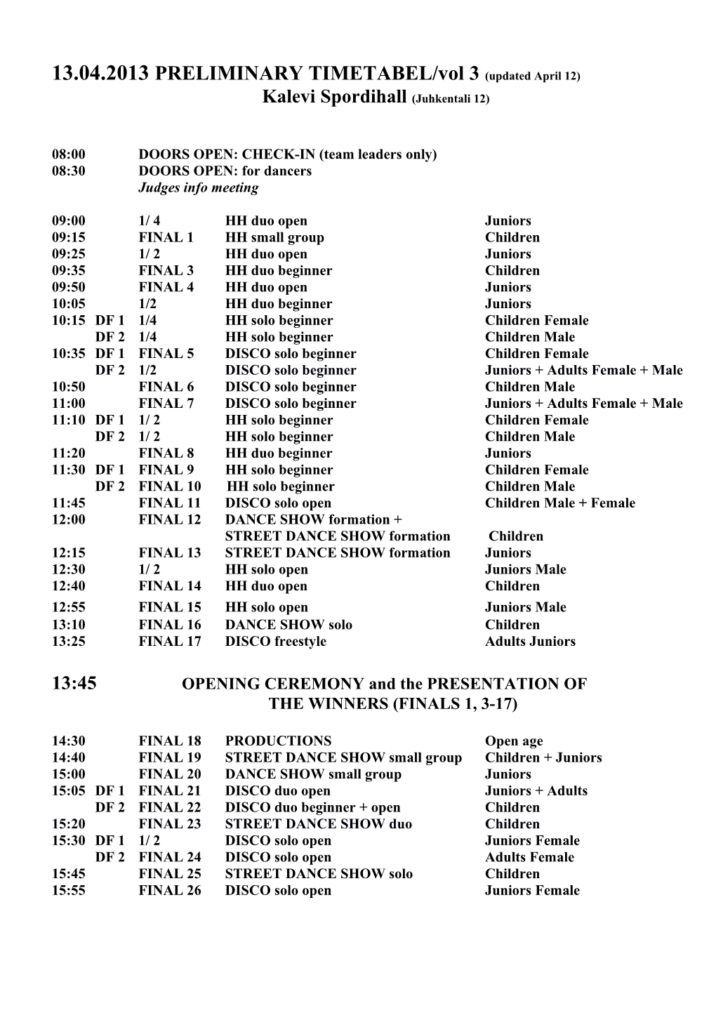 ESTONIAN OPEN S PRELIMINARY TIMETABEL