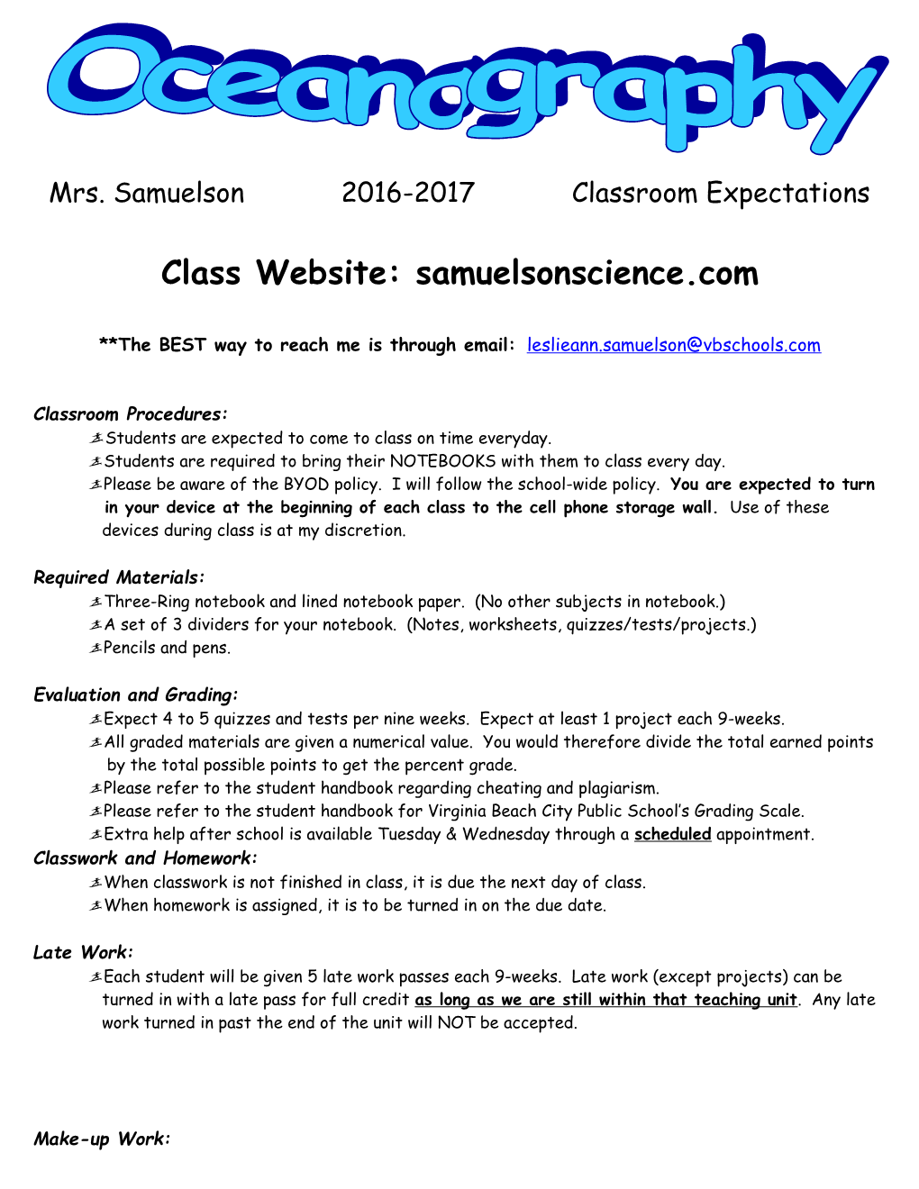 Mrs. Samuelson 2016-2017 Classroom Expectations