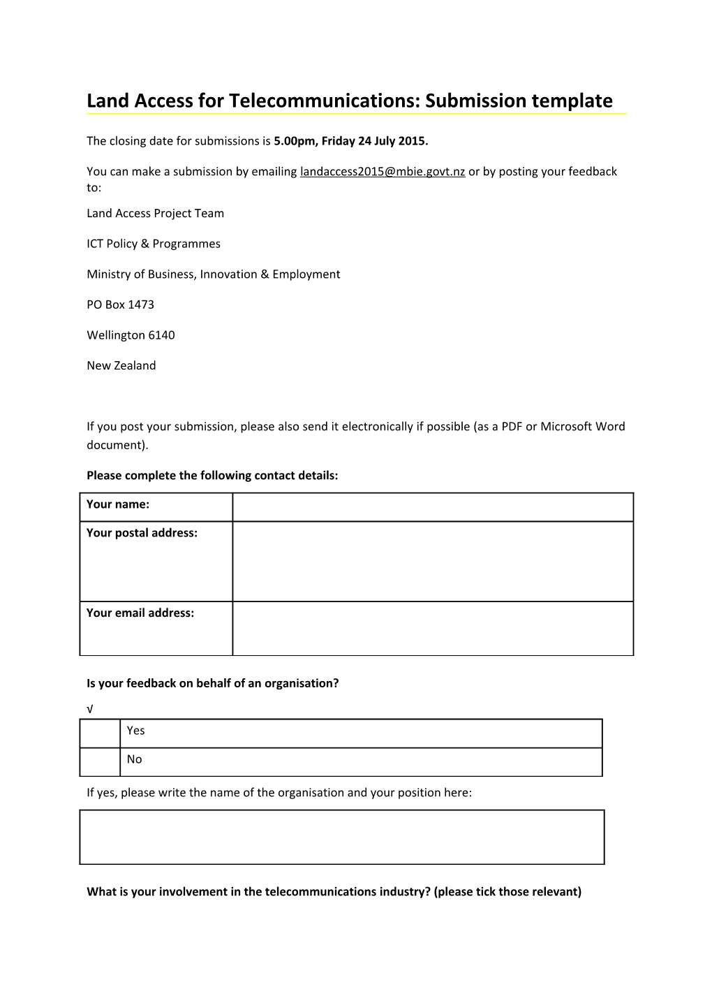 Land Access for Telecommunications: Submission Template
