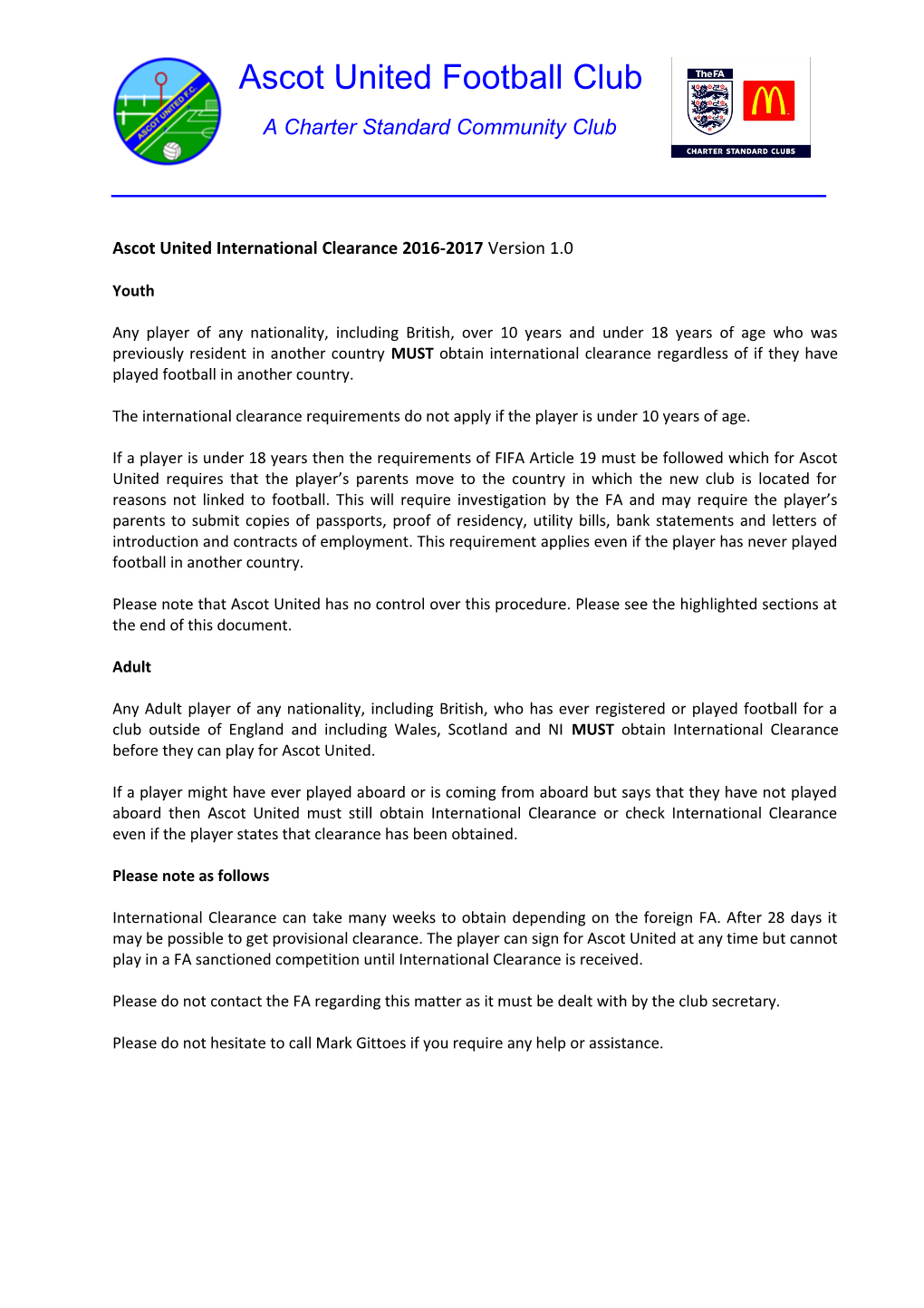 Ascot United International Clearance 2016-2017 Version 1.0