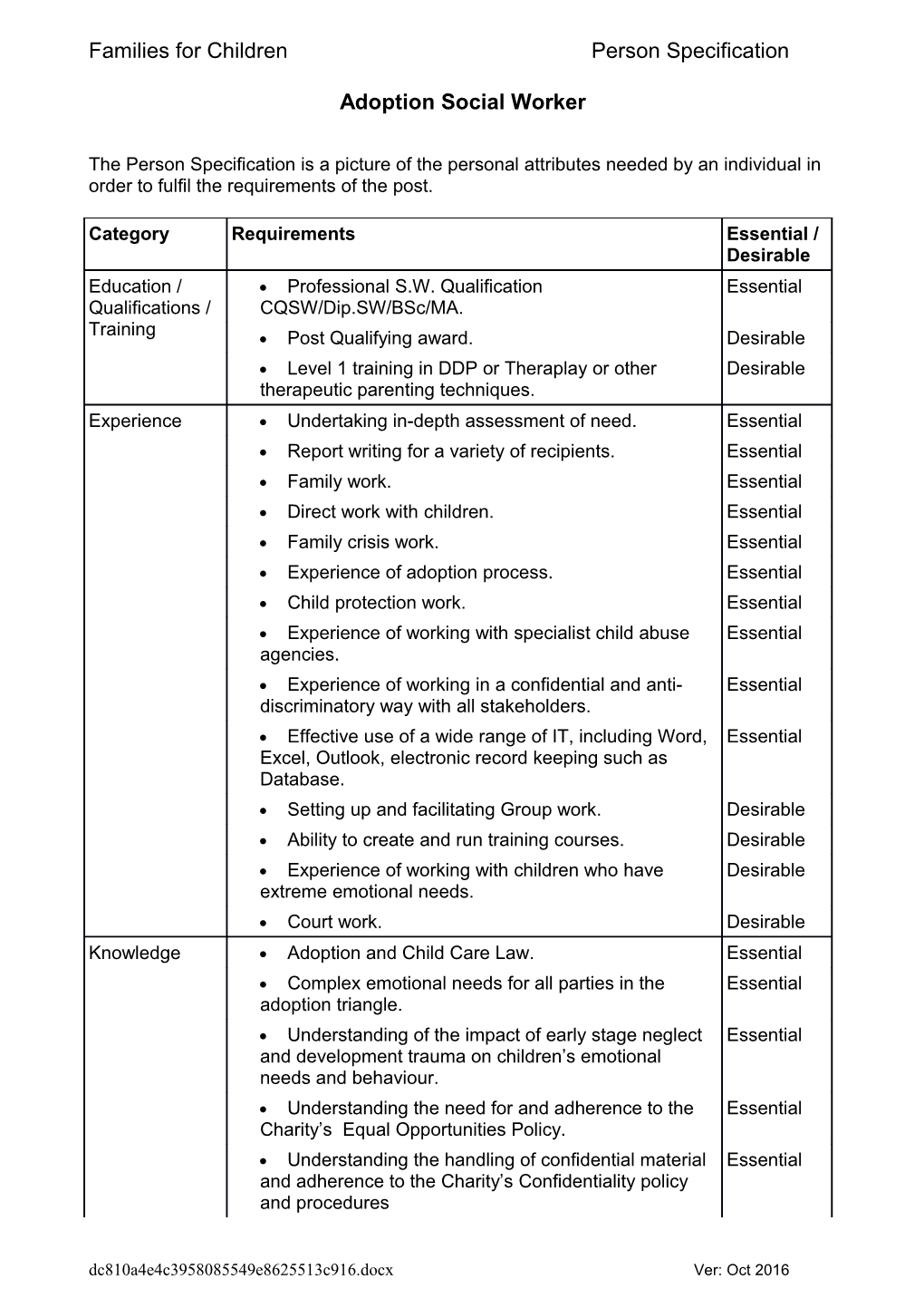 Families for Children Person Specification