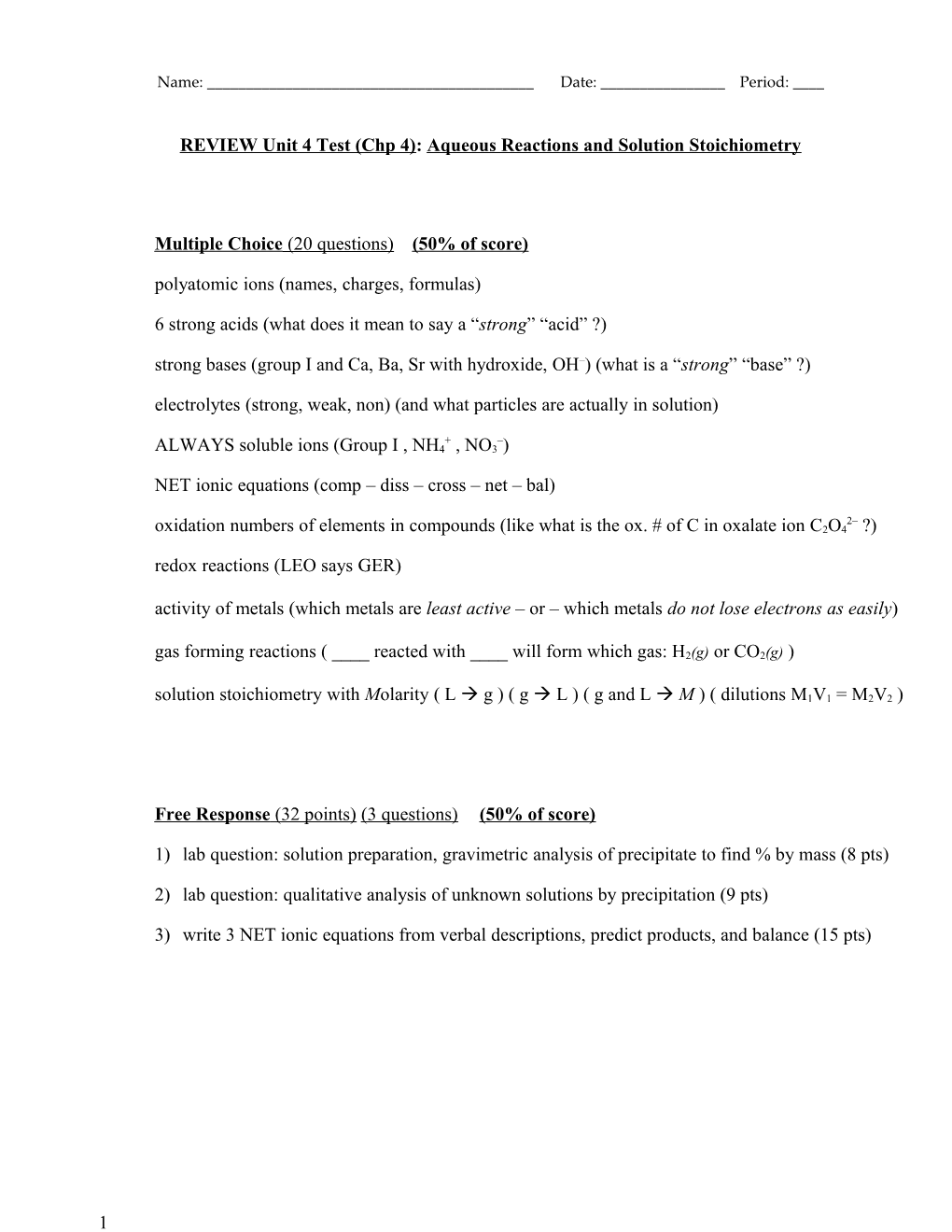 Reviewunit 4 Test(Chp 4): Aqueous Reactions and Solution Stoichiometry